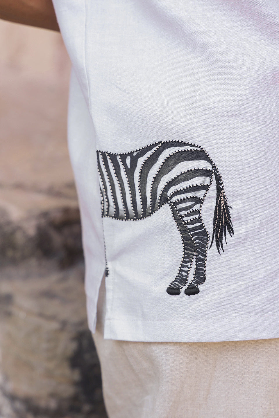 Ivory Embroidered Cuban Collar Shirt Zebra