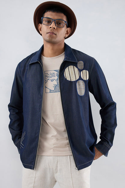 Dark Blue Denim Urban Nomad Zipper Patchwork Shacket