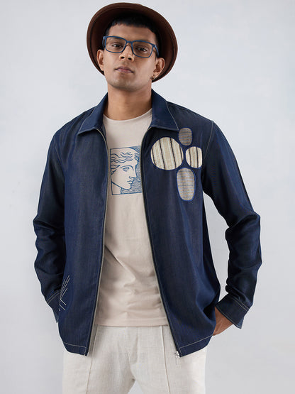 Dark Blue Denim Urban Nomad Zipper Patchwork Shacket