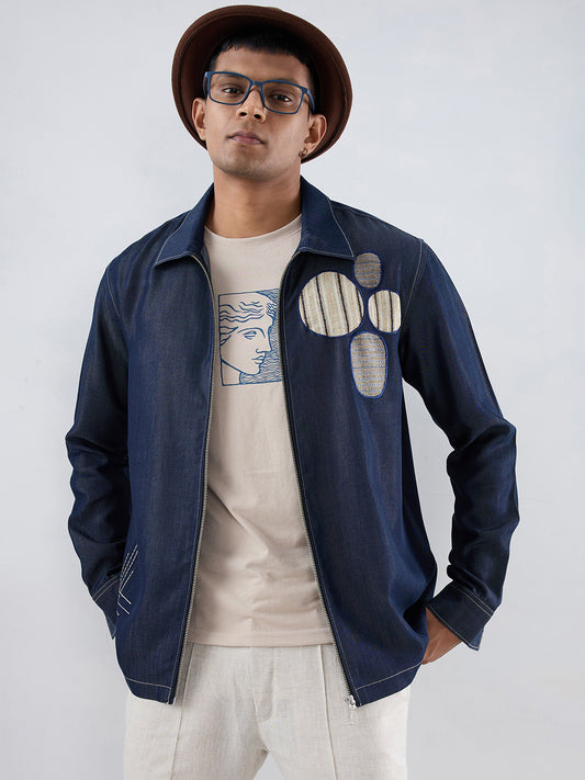 Dark Blue Denim Urban Nomad Zipper Patchwork Shacket
