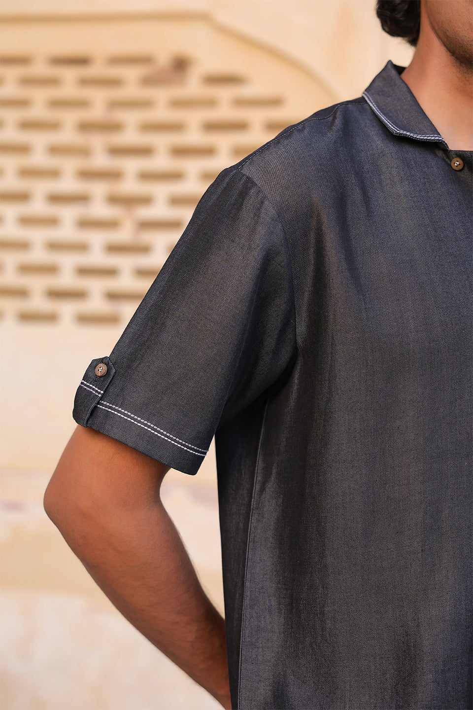 Black Denim Cuban Collar Shirt
