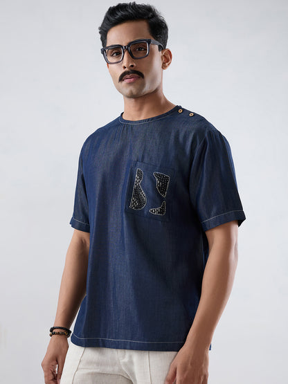 Dark Blue Denim Kantha Patch Pocket T-shirt