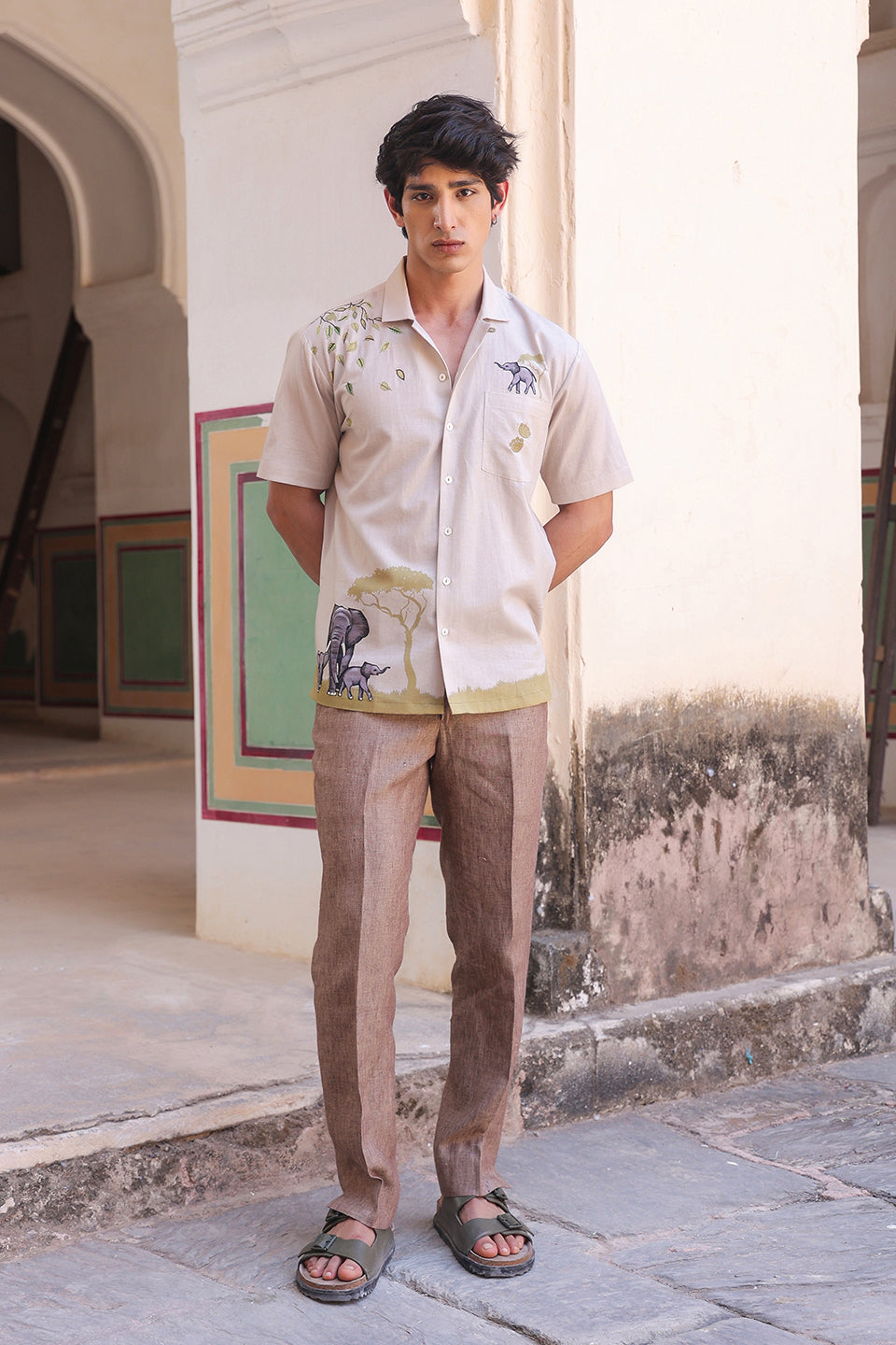 Ivory Embroidered Cuban Collar Shirt Elephant