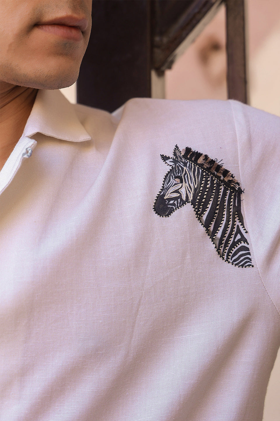 Ivory Embroidered Cuban Collar Shirt Zebra