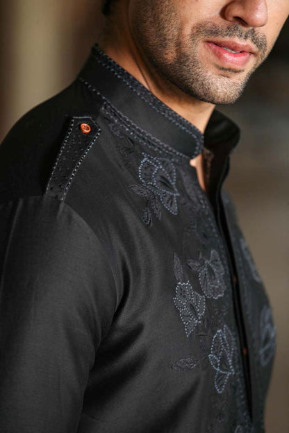 Black Applique Embroidered Silk Kurta