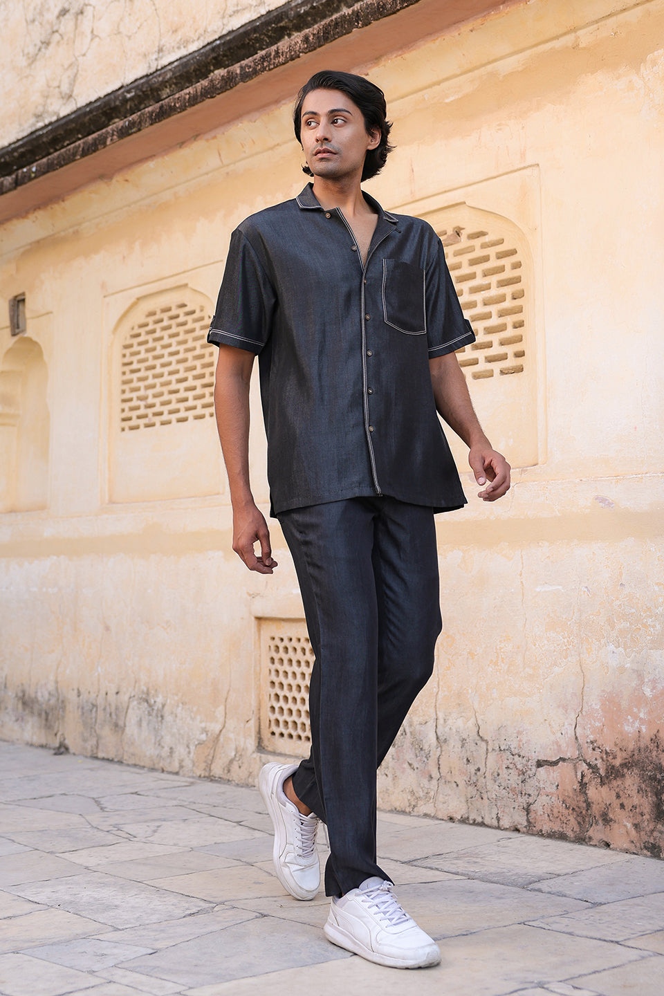 Black Denim Cuban Collar Shirt