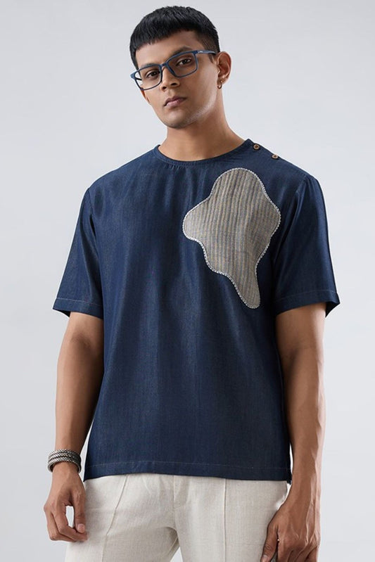 Dark Blue Denim Abstract Patchwork T-shirt