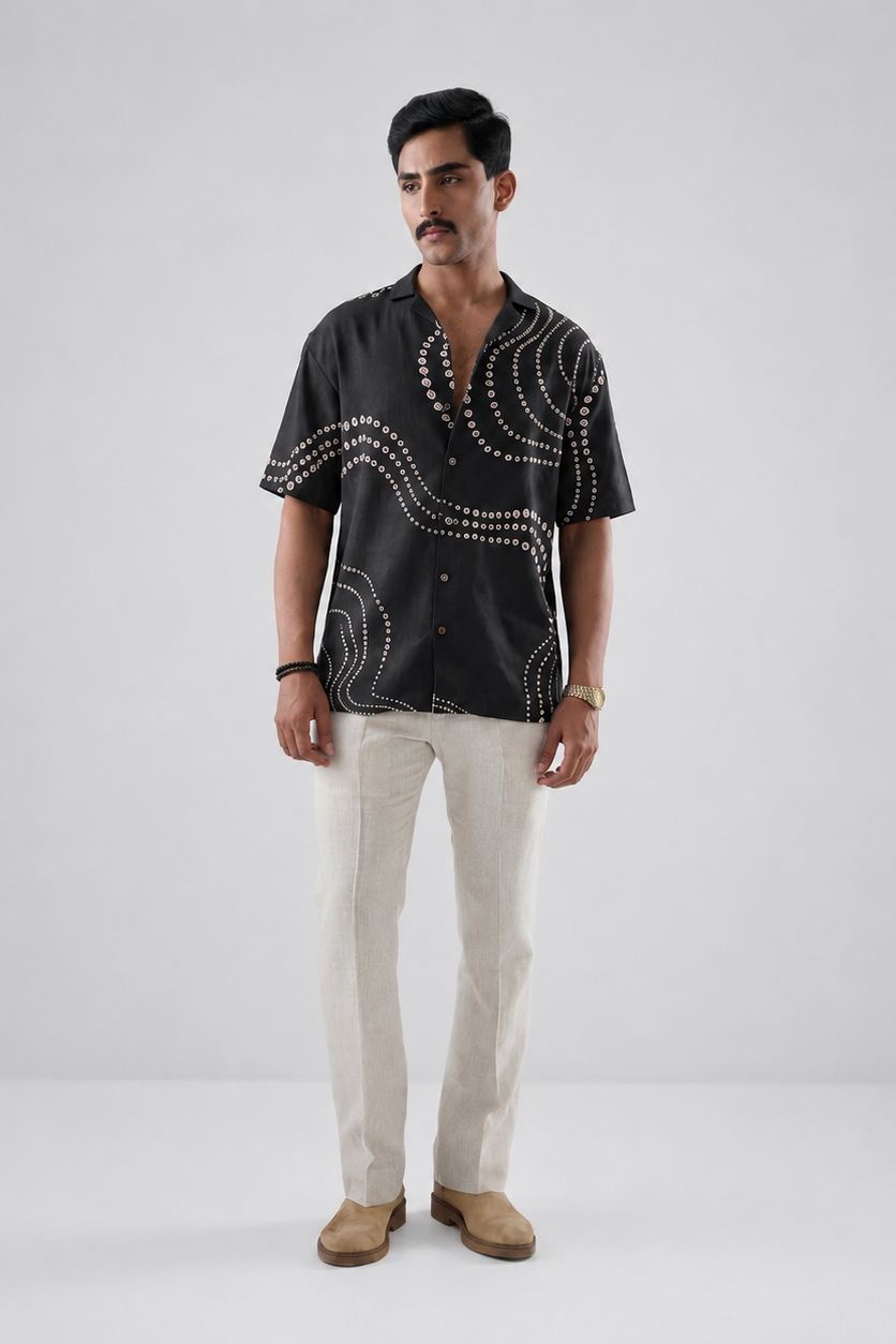 Black Bandhani Cuban Collar Shirt