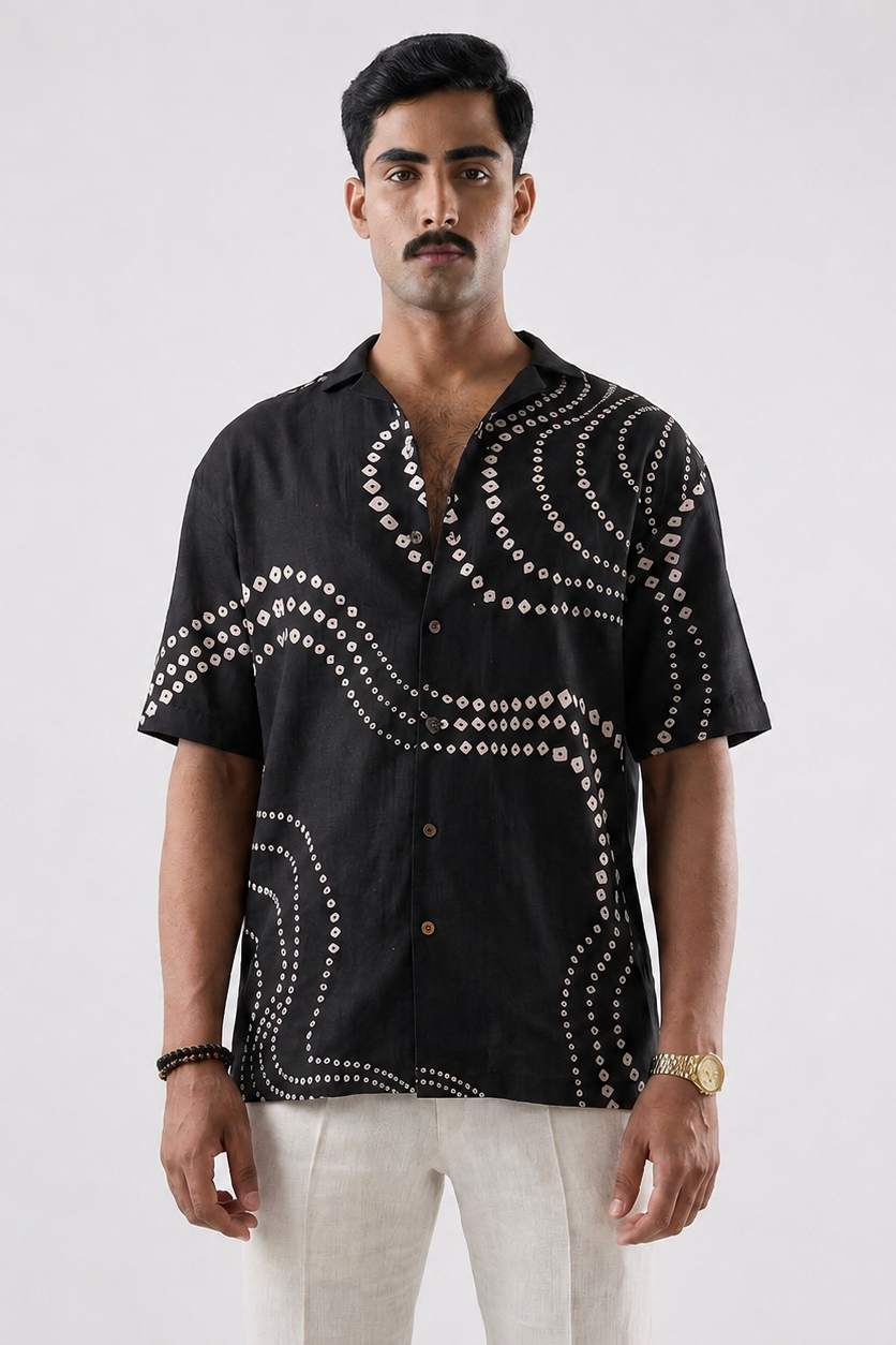 Black Bandhani Cuban Collar Shirt
