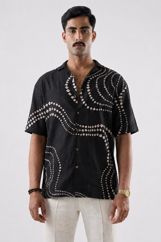 Black Bandhani Cuban Collar Shirt