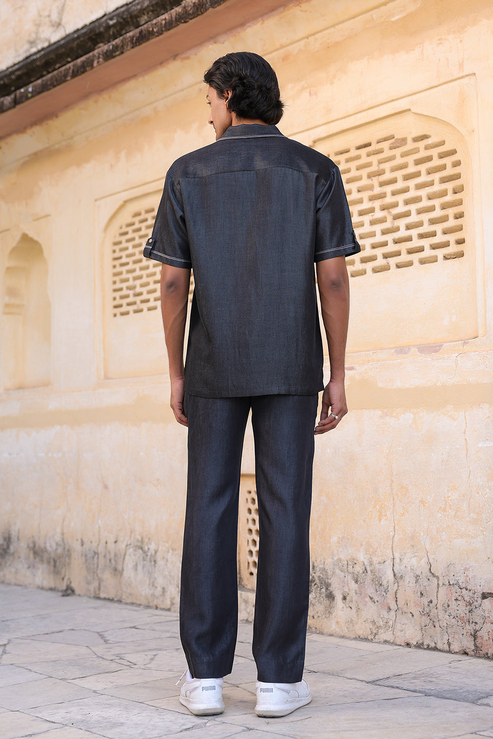 Black Denim Cuban Collar Shirt
