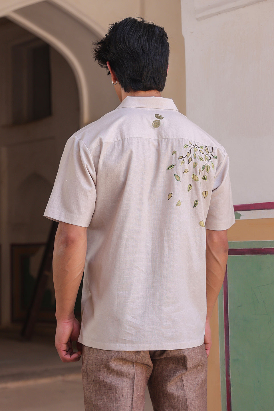 Ivory Embroidered Cuban Collar Shirt Elephant