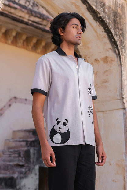 Ivory Embroidered Cuban Collar Shirt Panda