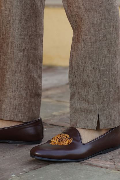 Brown Looped Slit Bottom Linen Pants