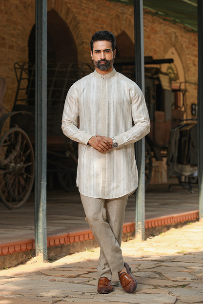 Beige Front Button Linen Kurta