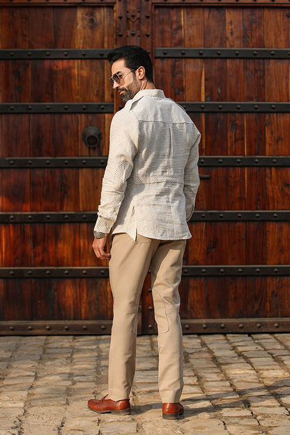 Beige Signature Fine Checkered Linen Kurta Shirt