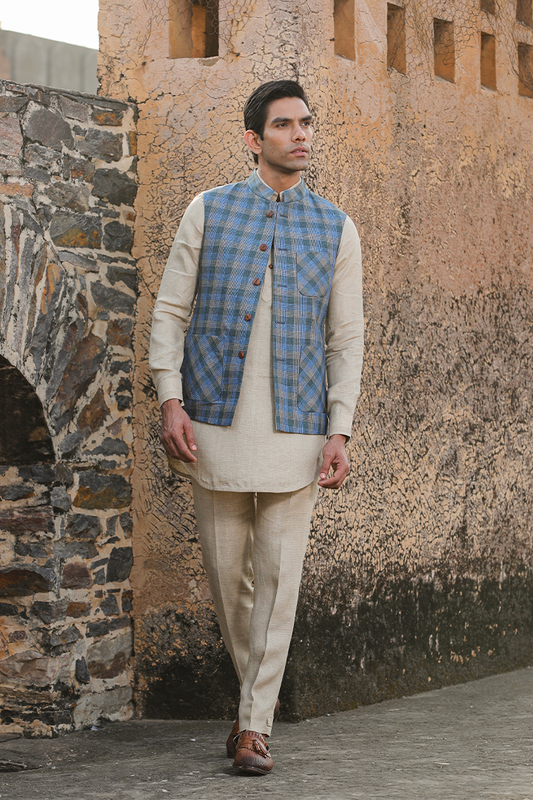 Beige Signature Reversible Checkered Bandi & Kurta Set