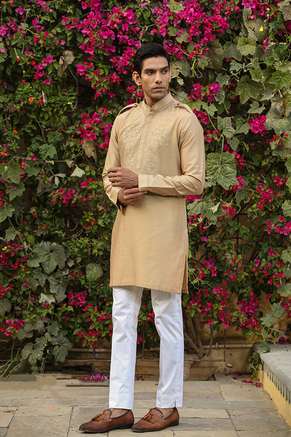 Beige Applique Embroidered Silk Kurta