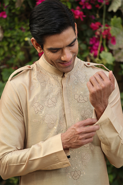 Beige Applique Embroidered Silk Kurta