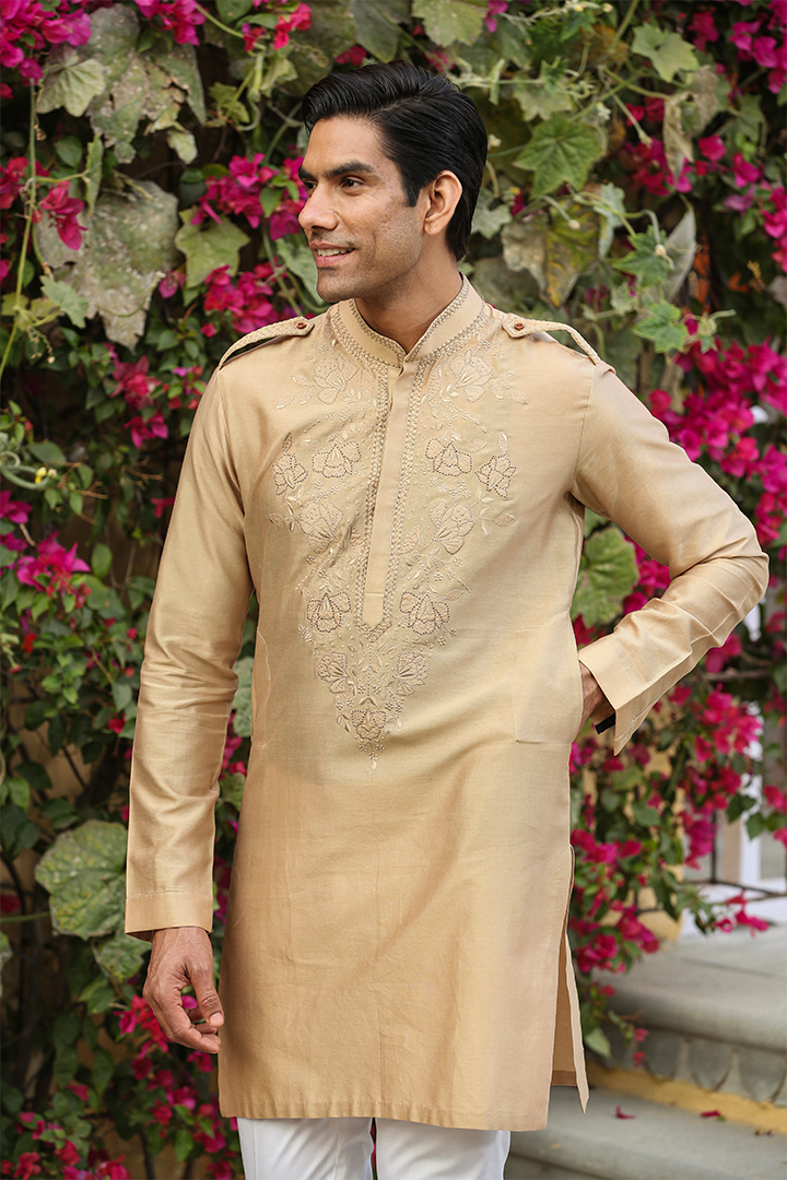 Beige Applique Embroidered Silk Kurta