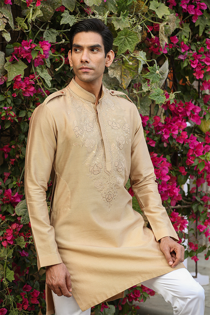 Beige Applique Embroidered Silk Kurta