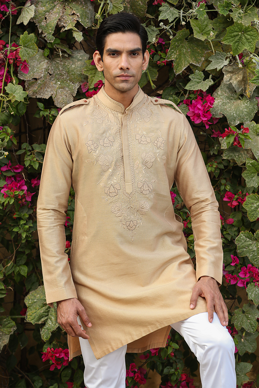 Beige Applique Embroidered Silk Kurta