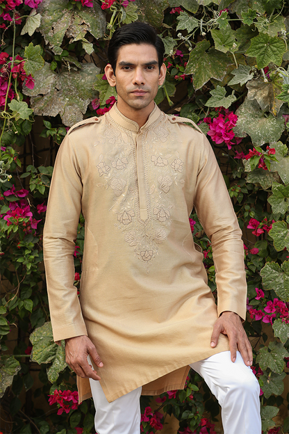 Beige Applique Embroidered Silk Kurta