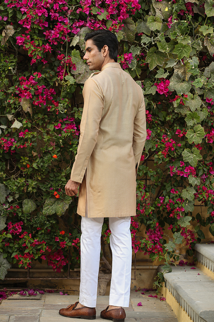 Beige Applique Embroidered Silk Kurta