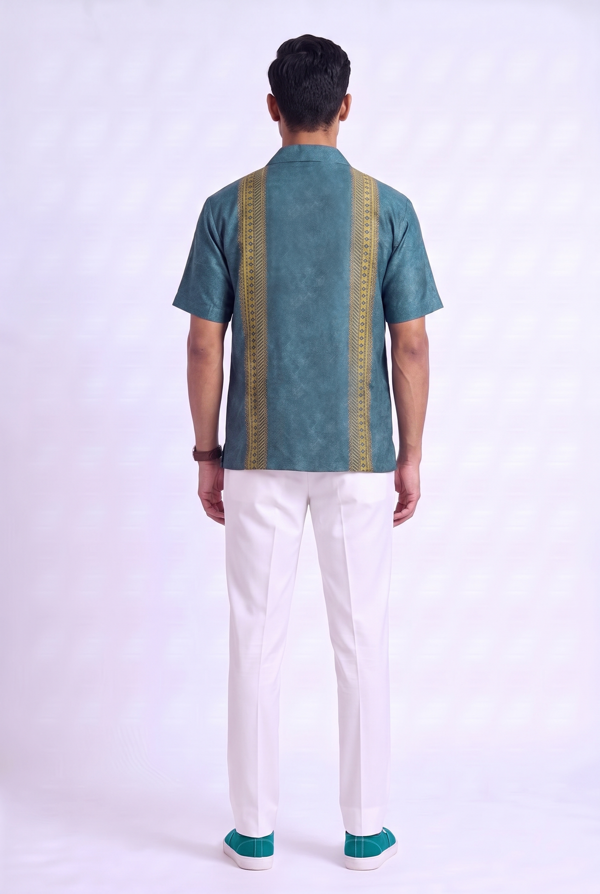 Teal Linear SIlk Cuban Collar Shirt