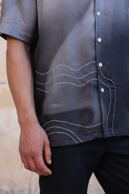 Black Ombre Embroidered Cuban Collar Shirt