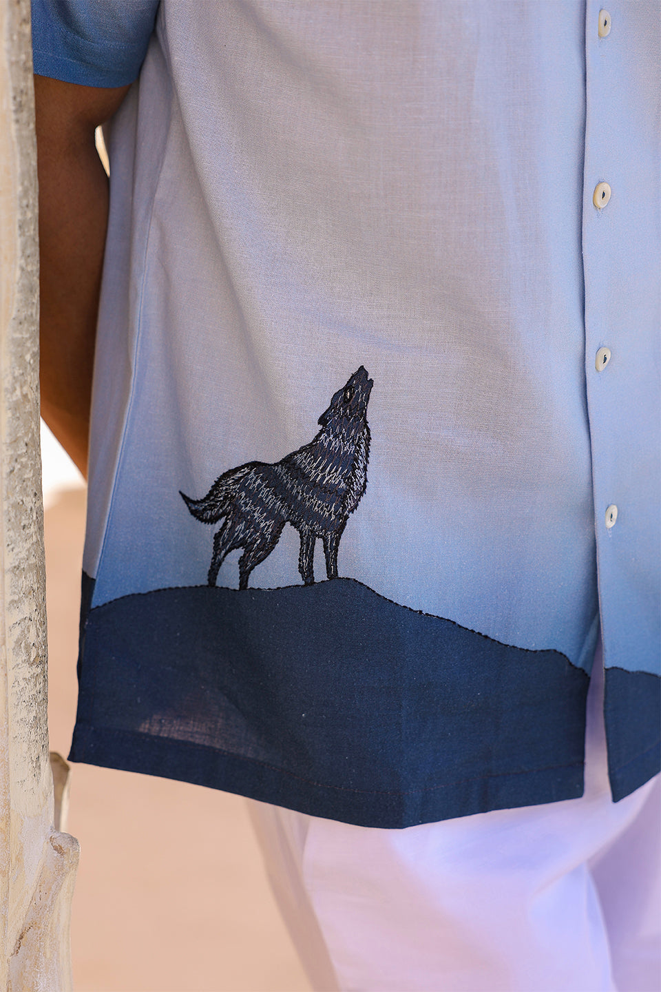 Blue Embroidered Cuban Collar Shirt Wolf