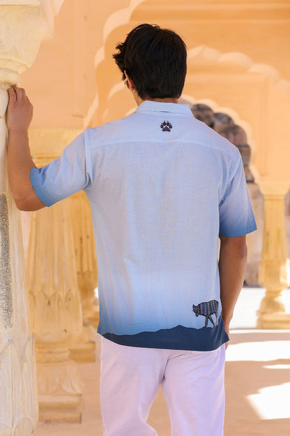Blue Embroidered Cuban Collar Shirt Wolf