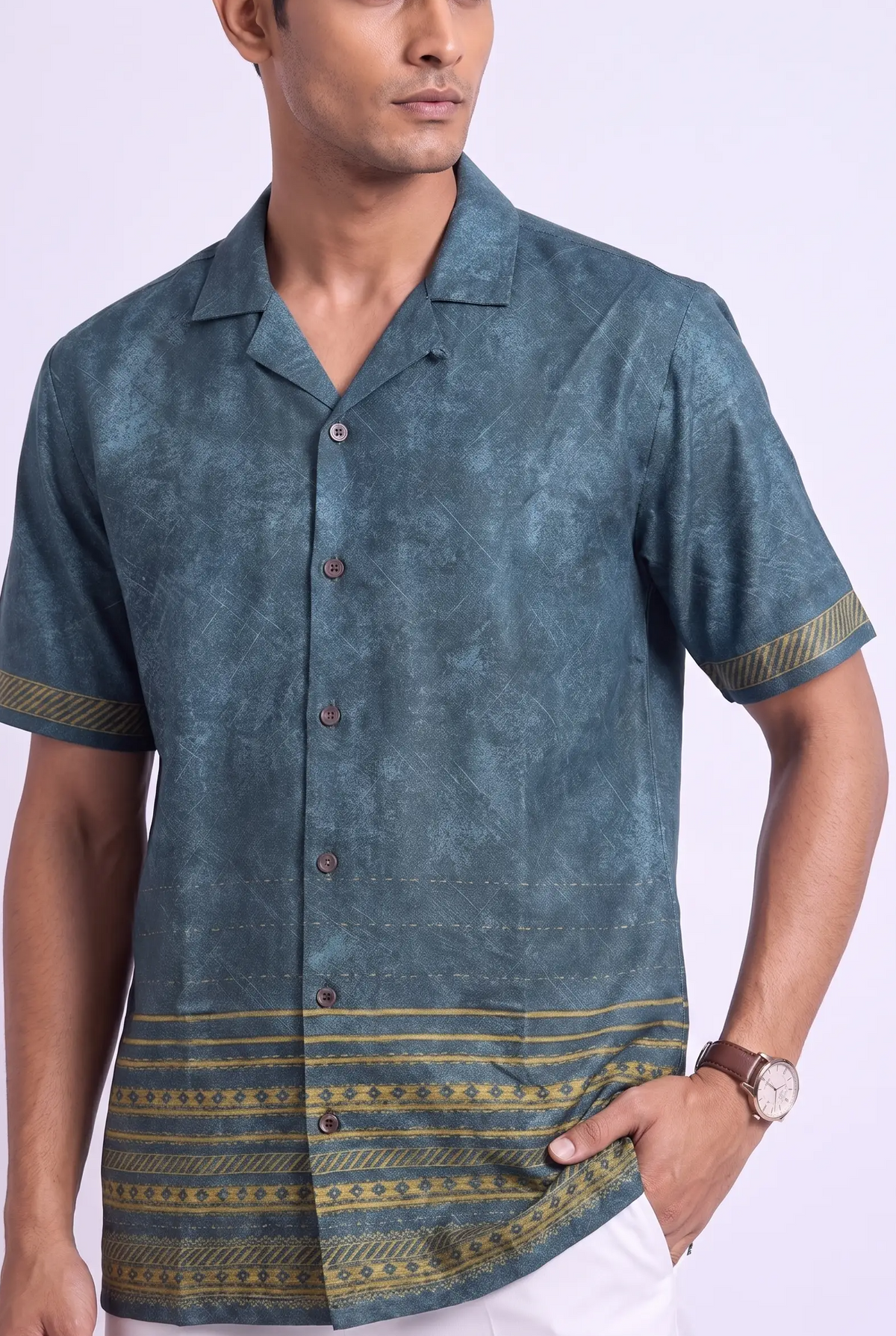 Teal Heritage Silk Cuban Collar Shirt