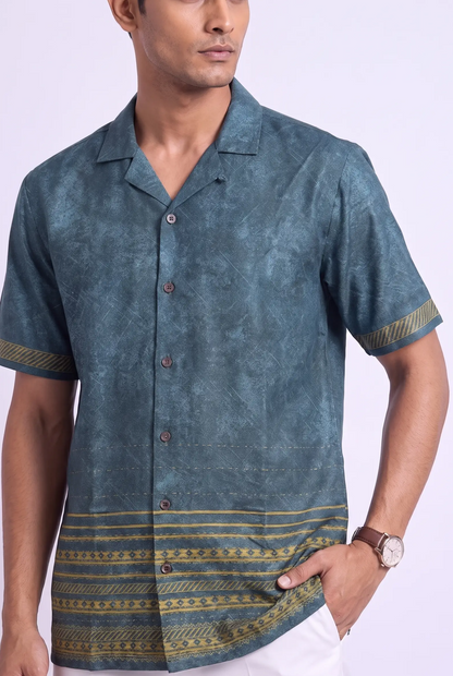 Teal Heritage Silk Cuban Collar Shirt
