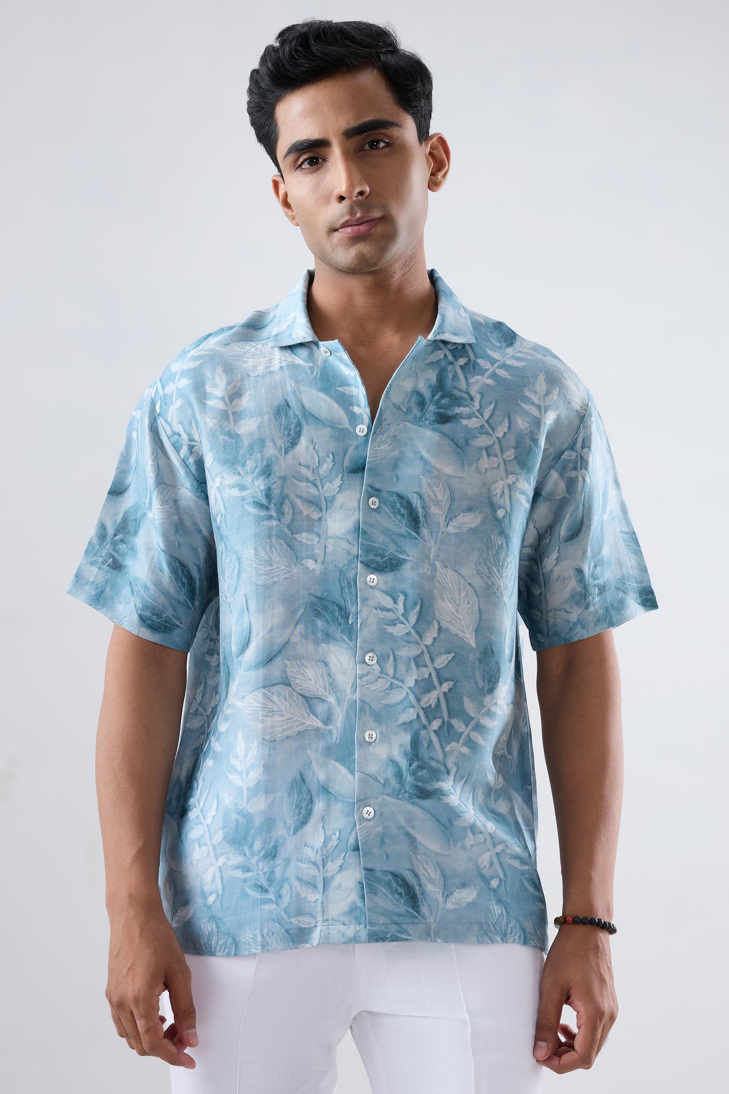 Light Blue leaf Ecoprint Cuban Collar Shirt