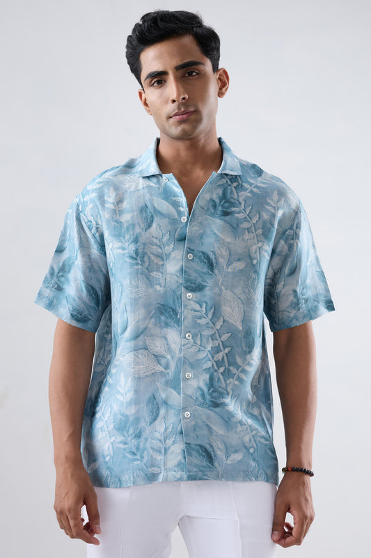 Light Blue leaf Ecoprint Cuban Collar Shirt