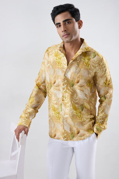 Yellow Leaf Ecoprint Cutback Collar Full-Sleeve Shirt