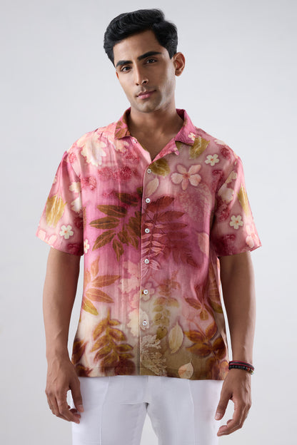 Pink Floral Ecoprint Cuban Collar Shirt
