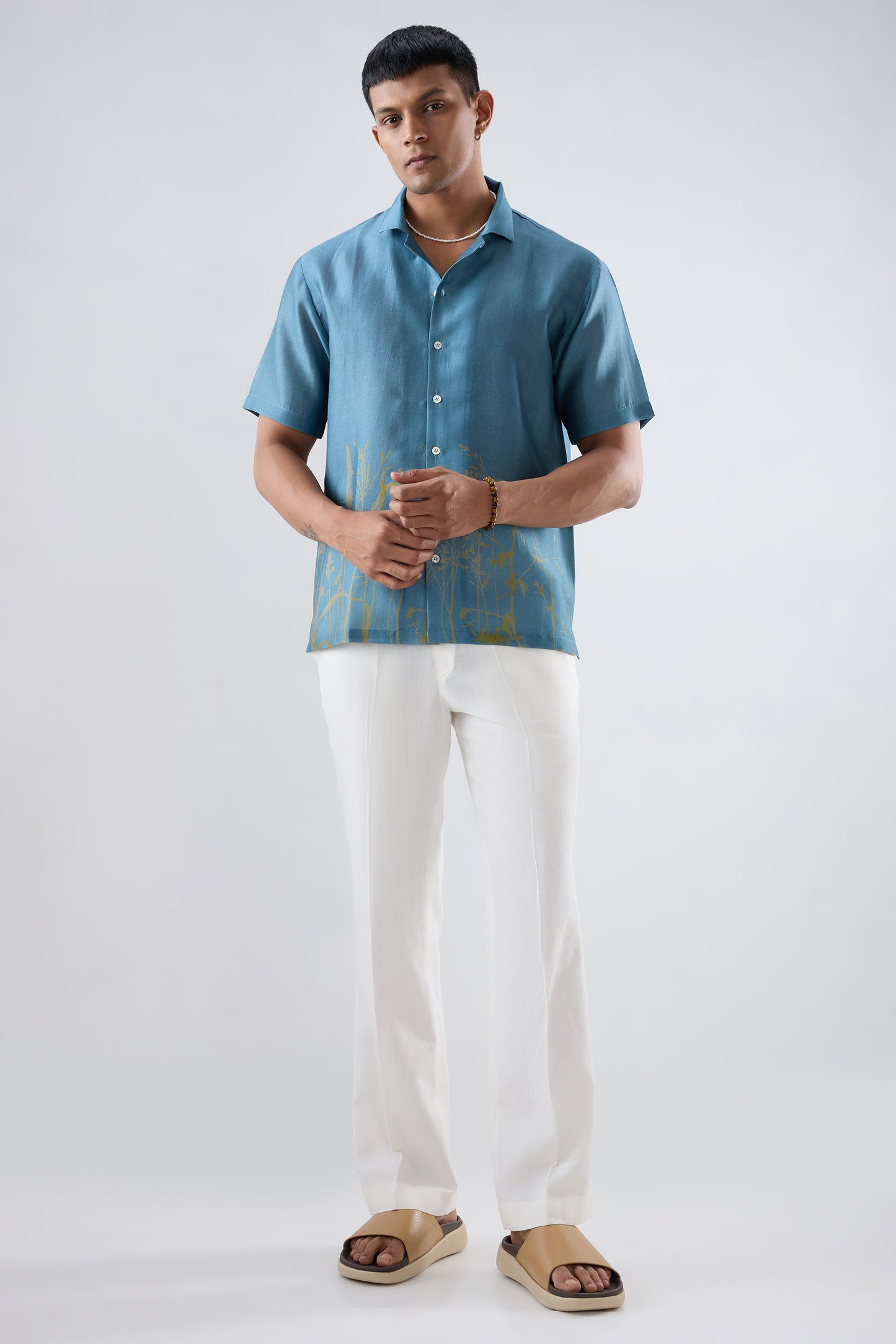 Dark Blue Ecoprint Cuban Collar Shirt
