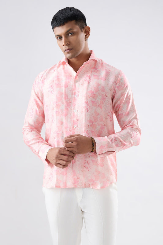 Pink Leaf Ecoprint Cutback Collar Full-Sleeve Shirt