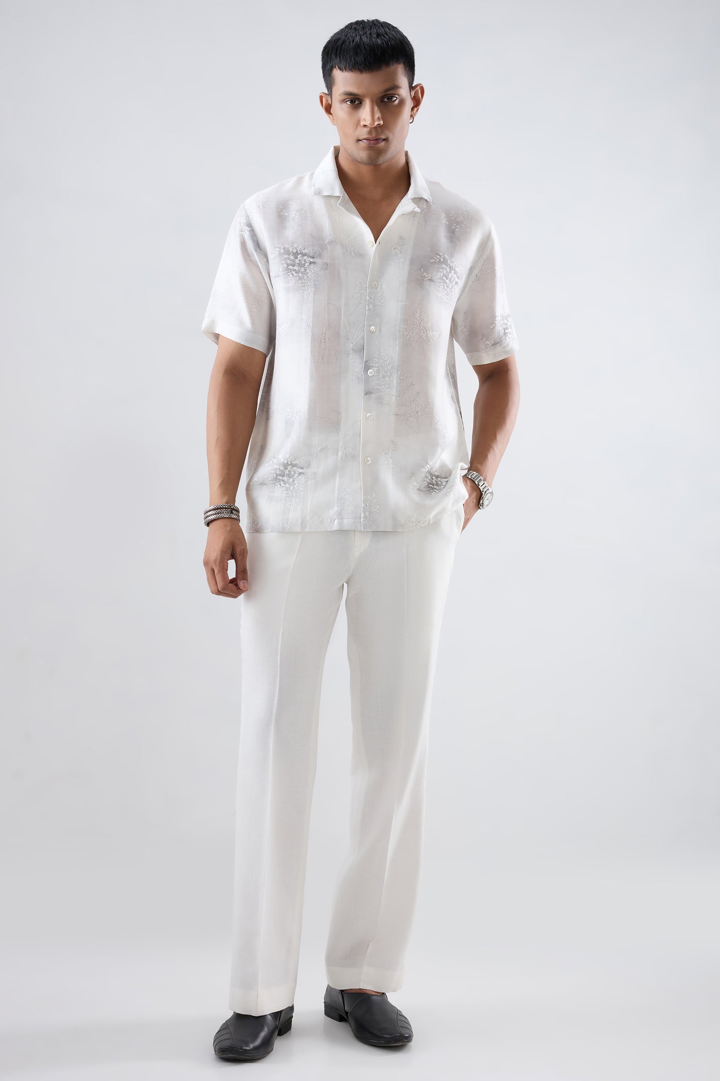 White Ecoprint Cuban Collar Shirt