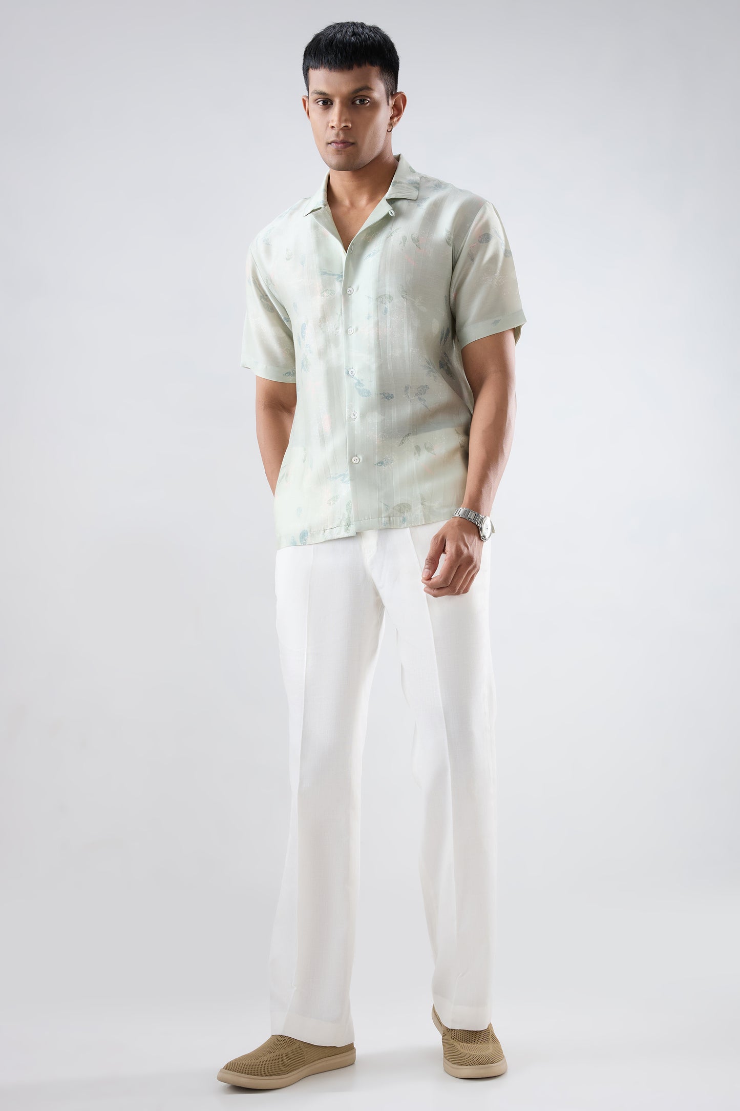 Mint Green Abstract Ecoprint Cuban Collar Shirt