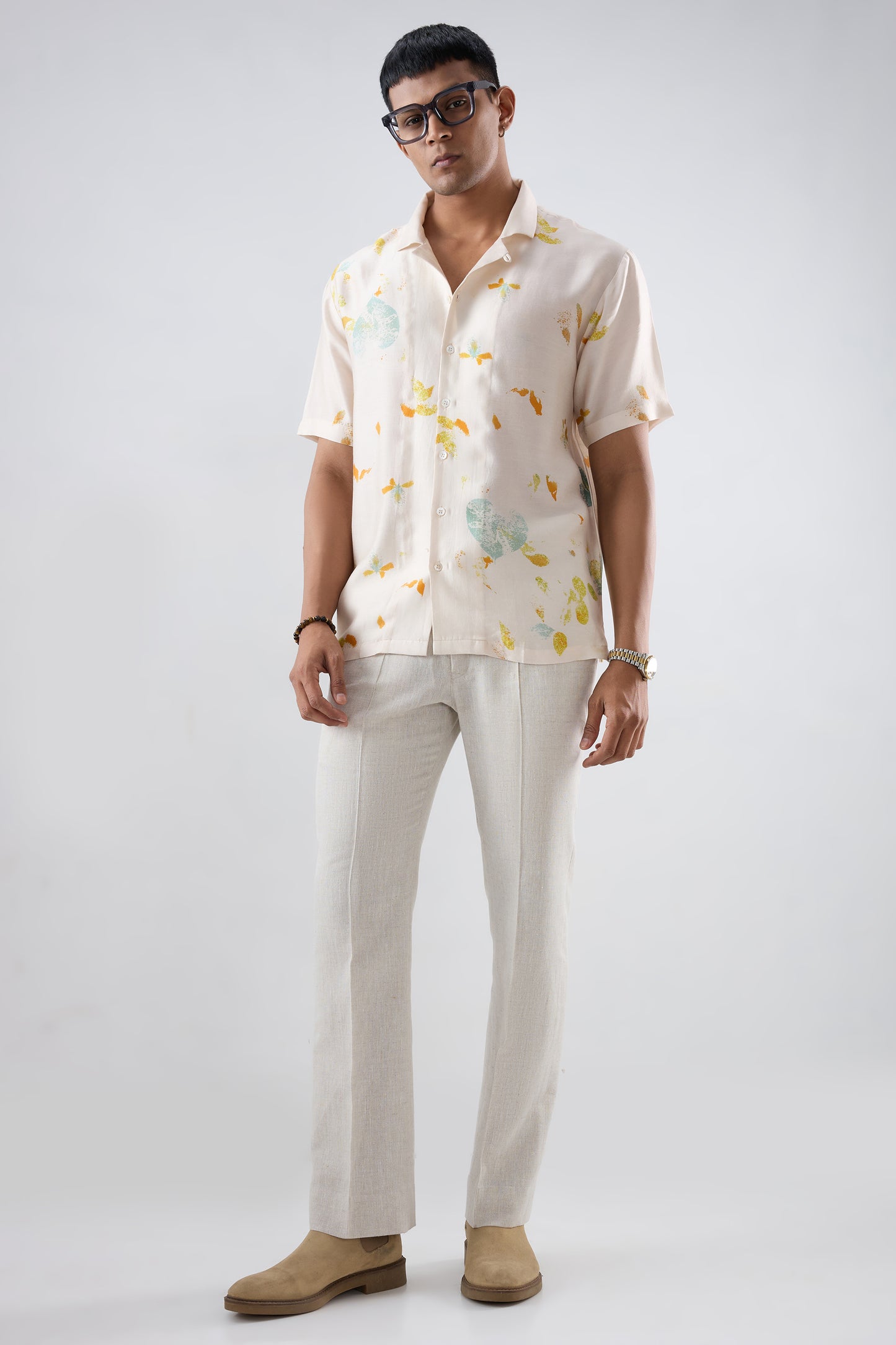 Ivory Abstract Ecoprint Cuban Collar Shirt
