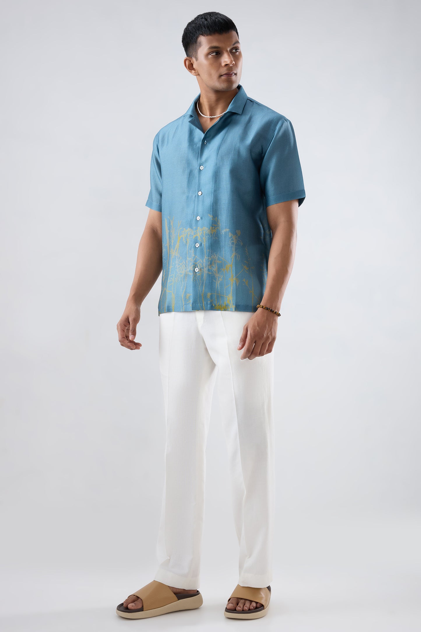Dark Blue Ecoprint Cuban Collar Shirt