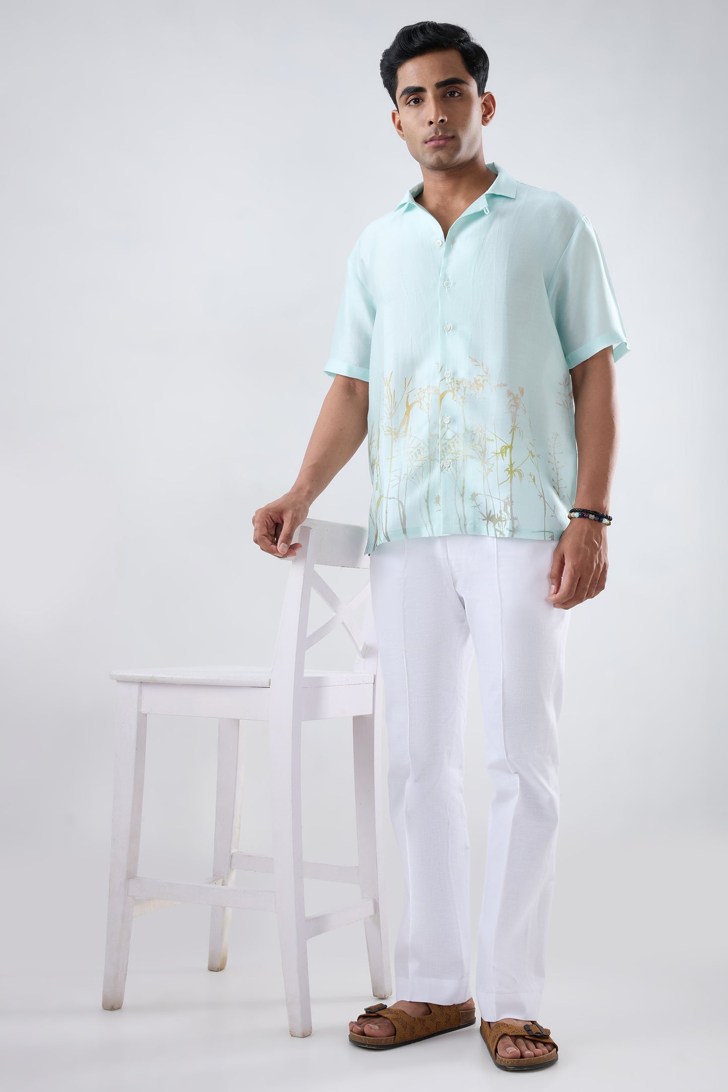 Sky Blue Ecoprint Cuban Collar Shirt