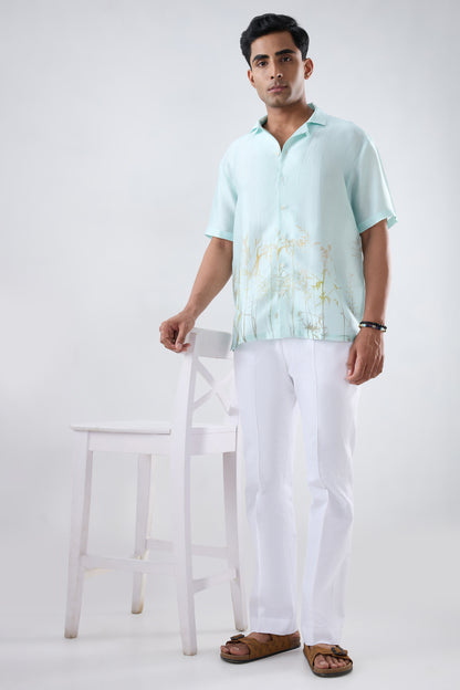 Sky Blue Ecoprint Cuban Collar Shirt