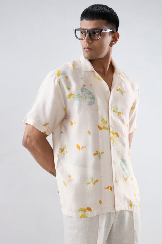 Ivory Abstract Ecoprint Cuban Collar Shirt