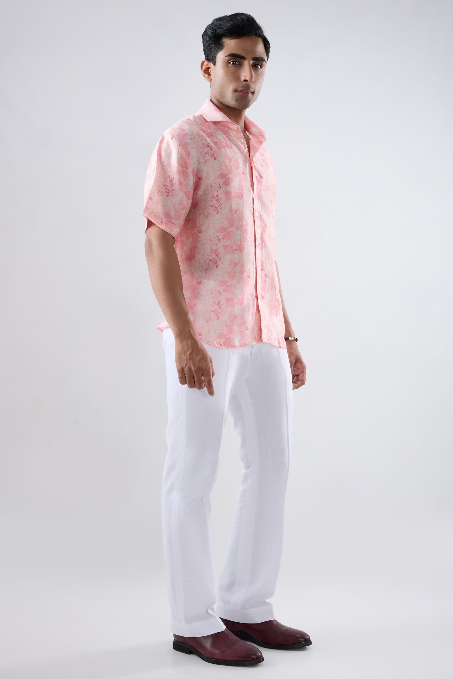 Pink Leaf Ecoprint Cuban Collar Shirt
