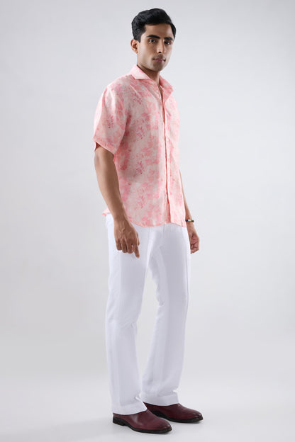 Pink Leaf Ecoprint Cuban Collar Shirt