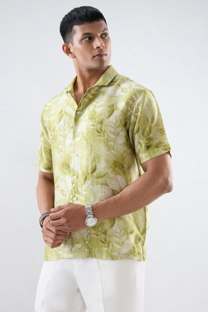 Green Leaf Ecoprint Cuban Collar Shirt